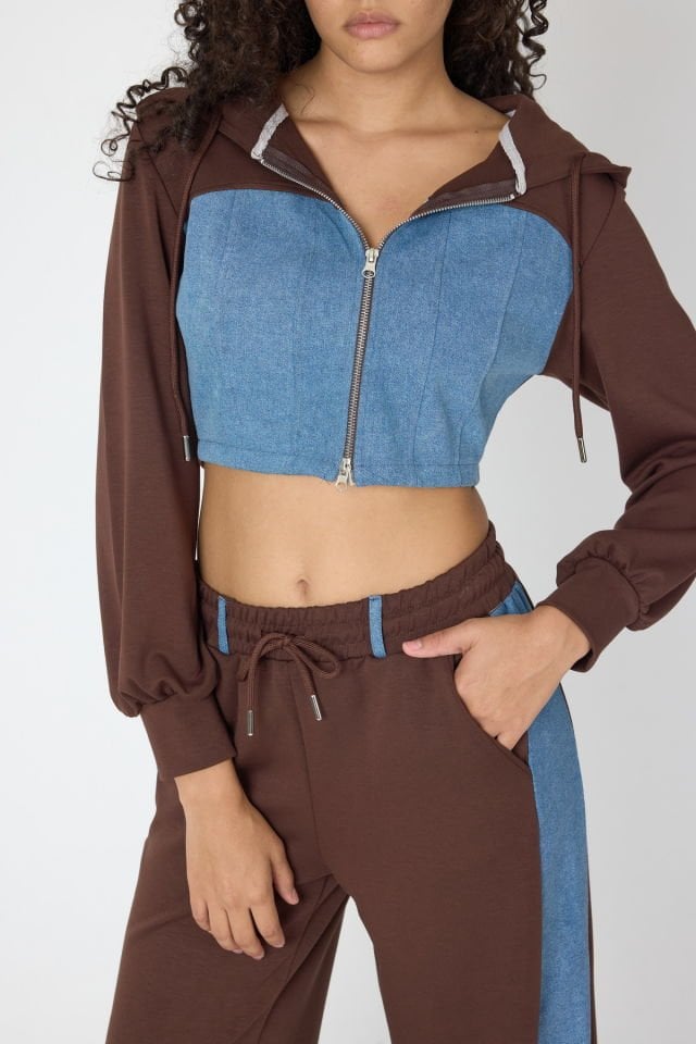 WhatsUp Denim Detaylı Kapşonlu Crop Eşofman Takım - Mavi-Kahverengi
