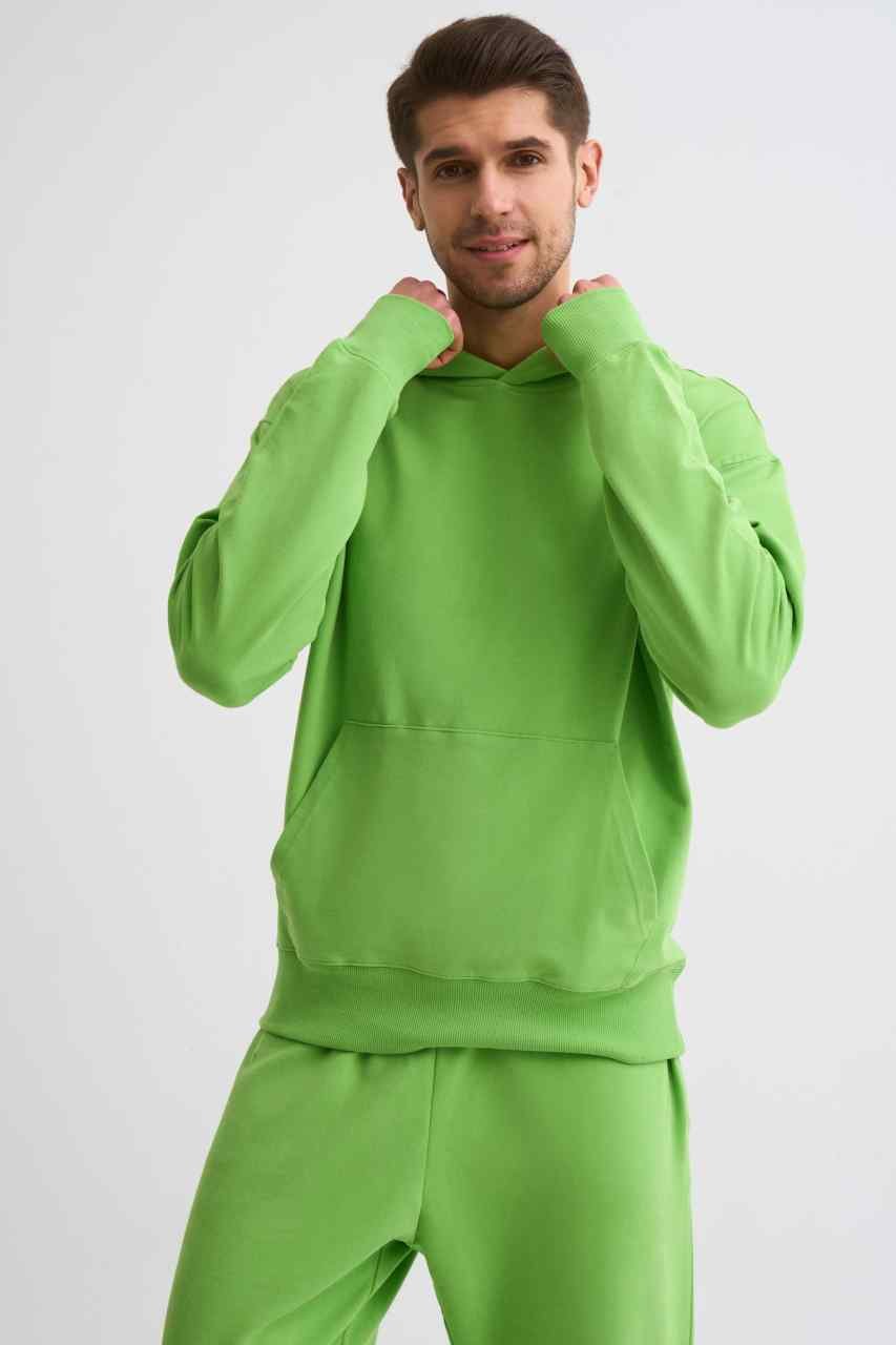 Organik Kapüşonlu Uzun Kollu Erkek Sweatshirt - Yeşil Yeşil - S