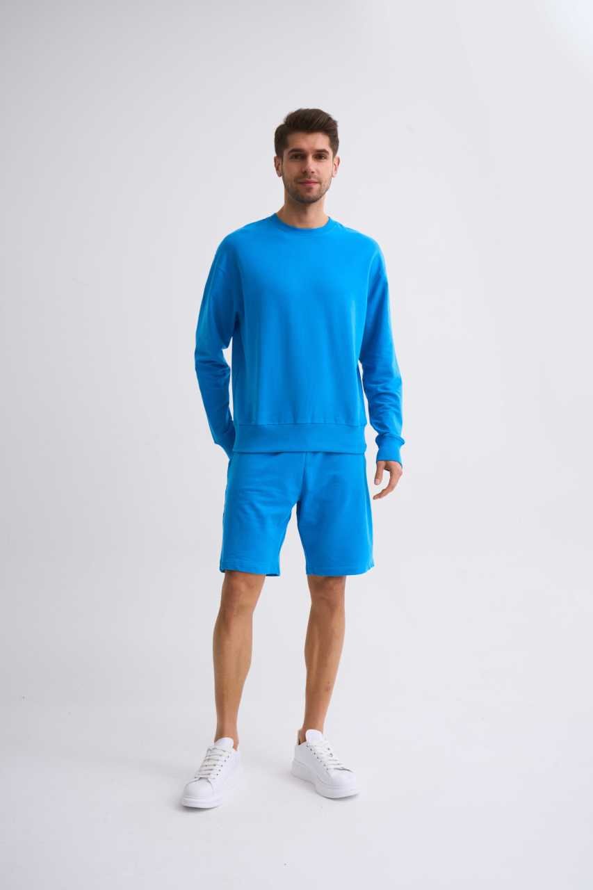 Organik Uzun Kollu Yuvarlak Yaka Erkek Sweatshirt - Mavi Mavi - L