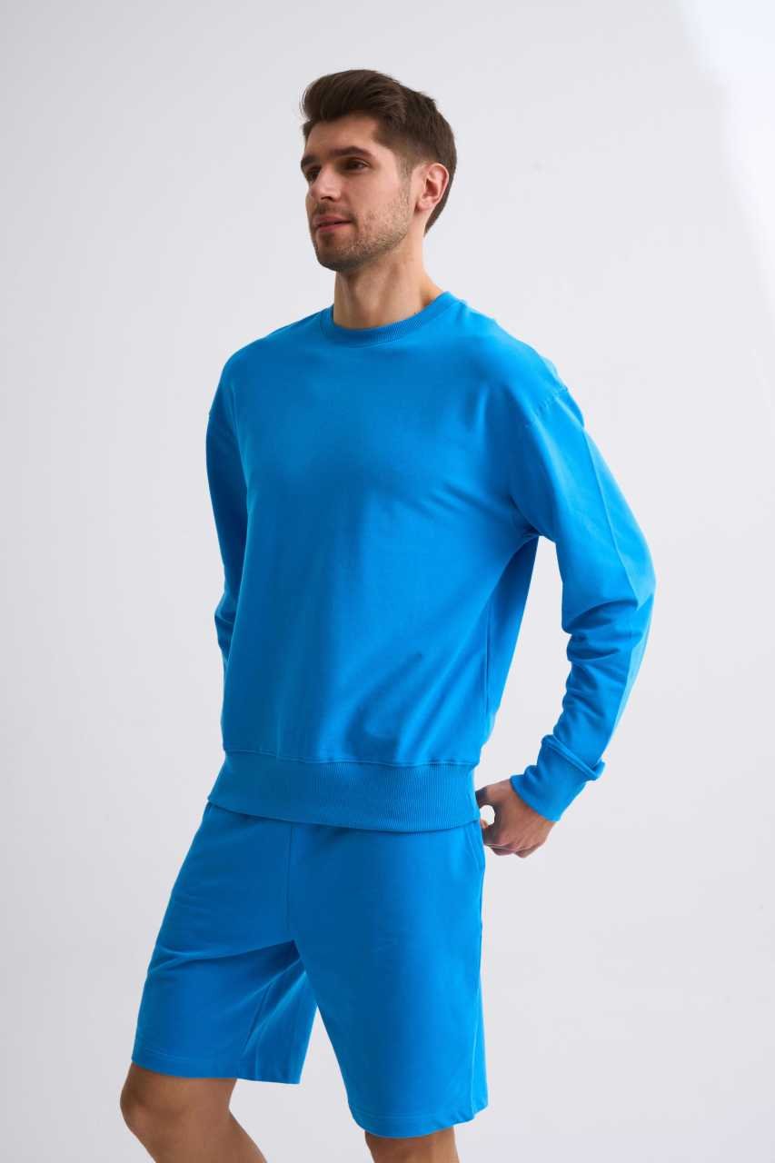 Organik Uzun Kollu Yuvarlak Yaka Erkek Sweatshirt - Mavi Mavi - L
