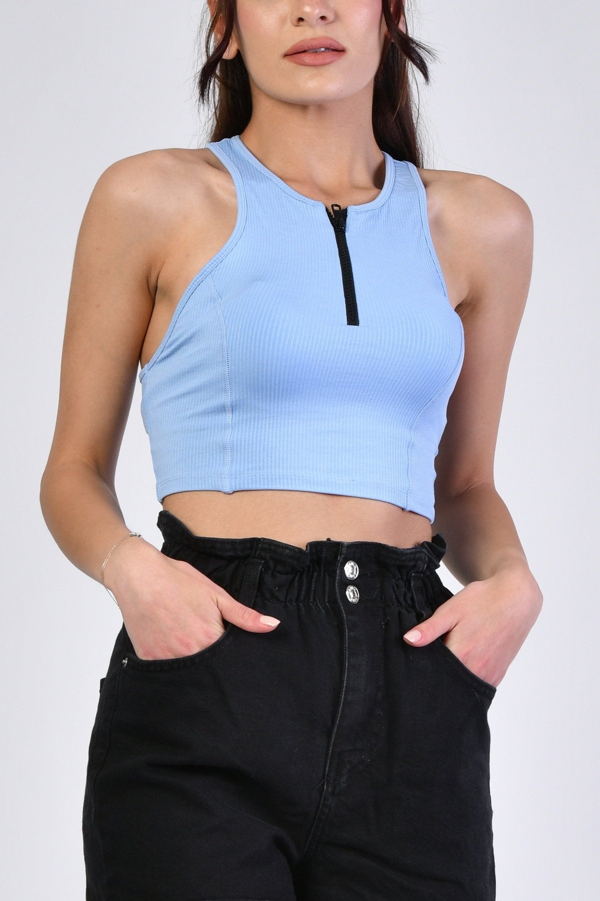 Fermuarlı Crop Bluz  - Mavi Mavi - L