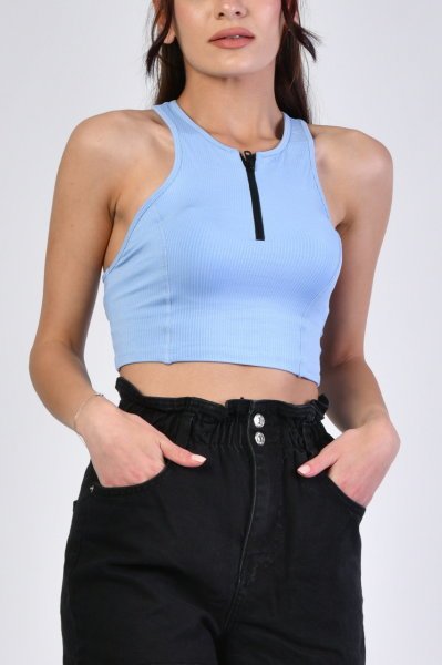 Fermuarlı Crop Bluz  - Mavi Mavi - L