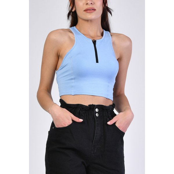 Fermuarlı Crop Bluz  - Mavi Mavi - L