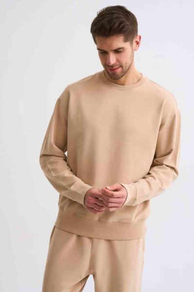 Organik Uzun Kollu Yuvarlak Yaka Erkek Sweatshirt - Bej Bej - L