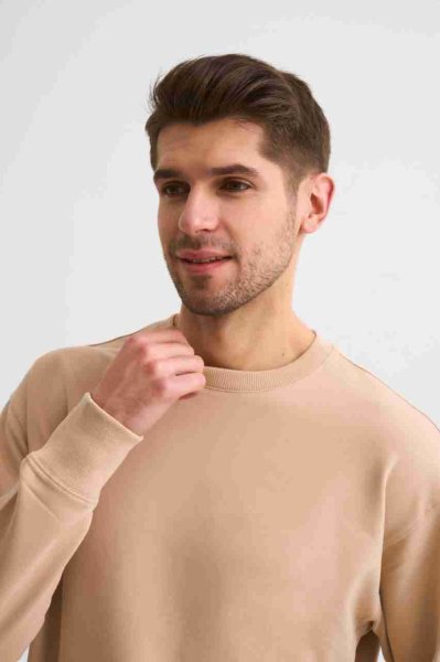 Organik Uzun Kollu Yuvarlak Yaka Erkek Sweatshirt - Bej Bej - L