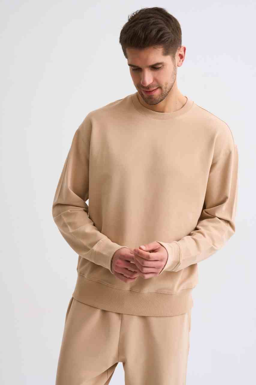 Organik Uzun Kollu Yuvarlak Yaka Erkek Sweatshirt - Bej Bej - XXL