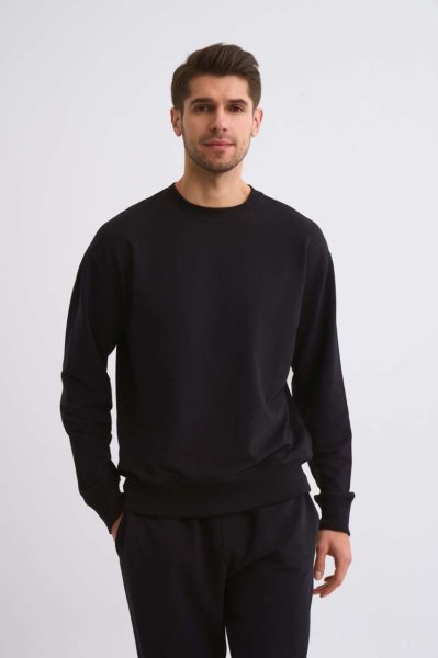 Organik Uzun Kollu Yuvarlak Yaka Erkek Sweatshirt - Siyah Siyah - L