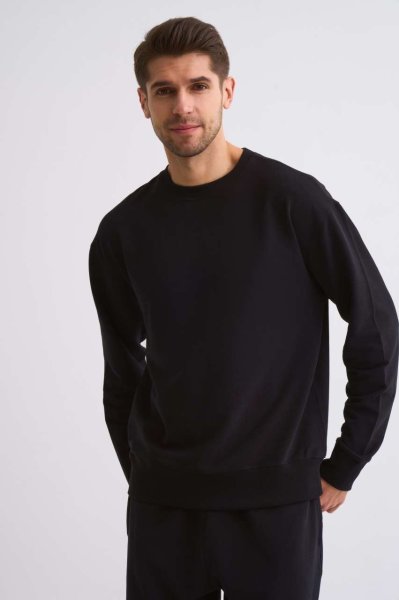 Organik Uzun Kollu Yuvarlak Yaka Erkek Sweatshirt - Siyah Siyah - M
