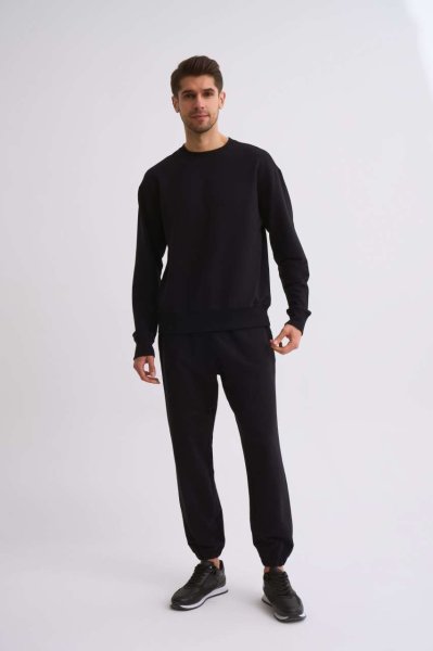 Organik Uzun Kollu Yuvarlak Yaka Erkek Sweatshirt - Siyah Siyah - S