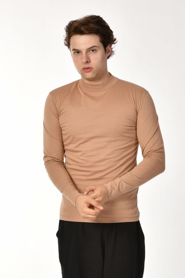 Zegy Bisiklet Yaka Uzun Kollu Erkek Tişört  - Camel