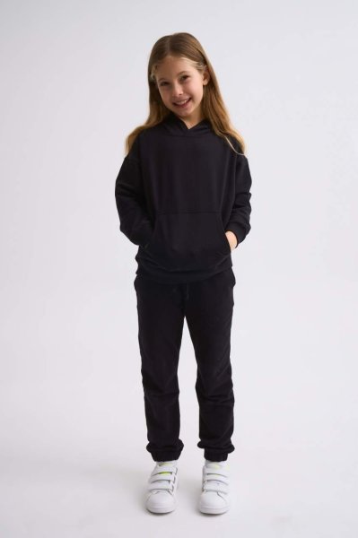 Organik Kapüşonlu Uzun Kollu Kız Çocuk Sweatshirt - Siyah Siyah - 12-14