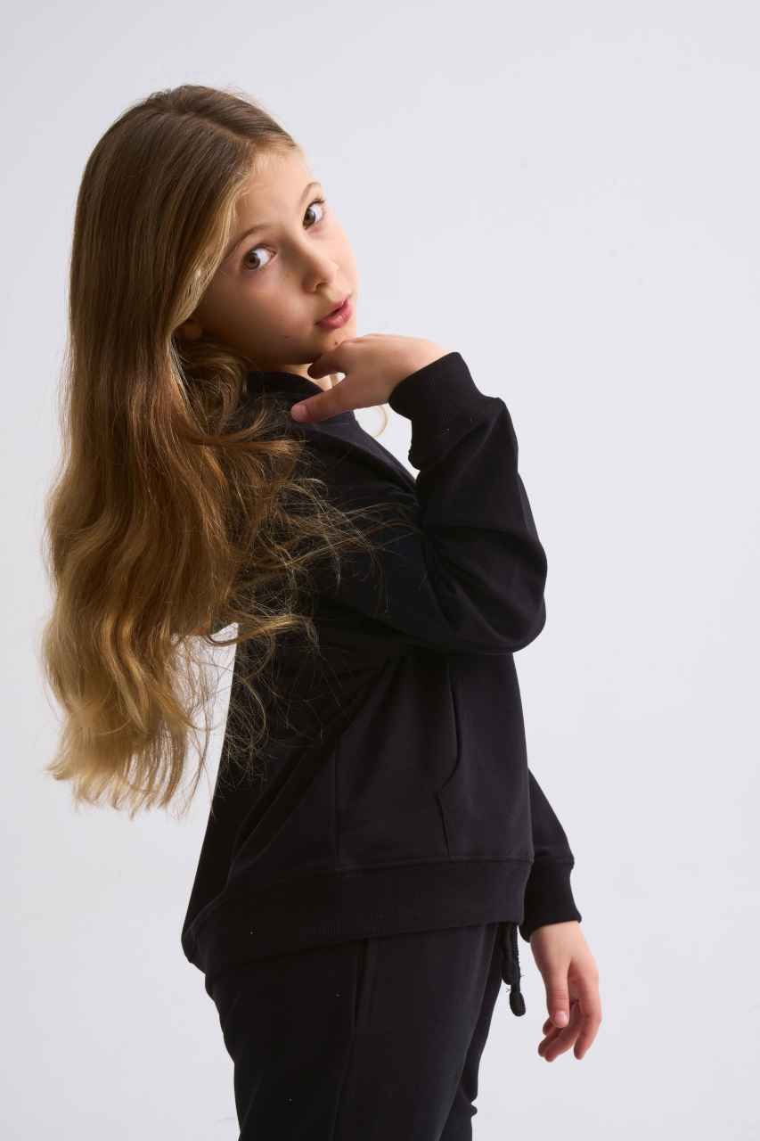 Organik Kapüşonlu Uzun Kollu Kız Çocuk Sweatshirt - Siyah Siyah - 6-8