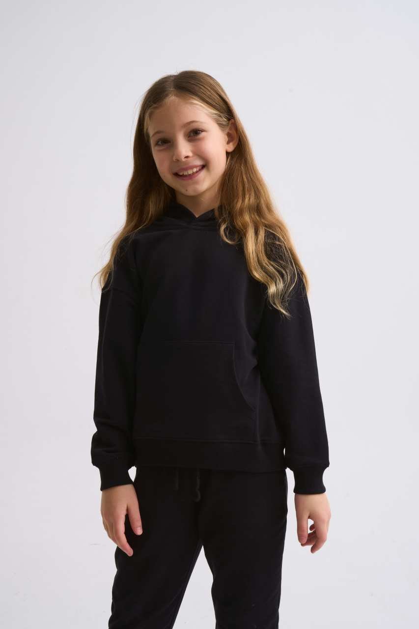 Organik Kapüşonlu Uzun Kollu Kız Çocuk Sweatshirt - Siyah Siyah - 6-8