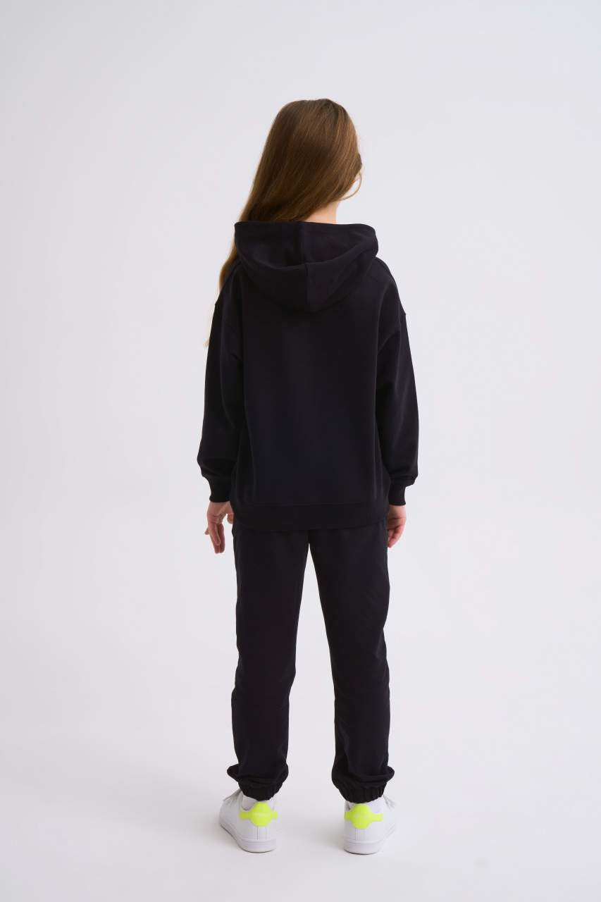 Organik Kapüşonlu Uzun Kollu Kız Çocuk Sweatshirt - Siyah Siyah - 6-8