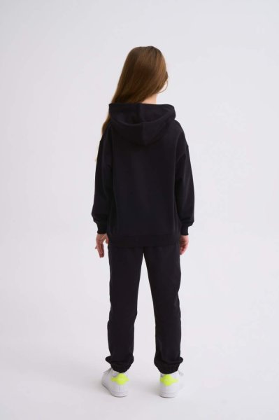 Organik Kapüşonlu Uzun Kollu Kız Çocuk Sweatshirt - Siyah Siyah - 6-8