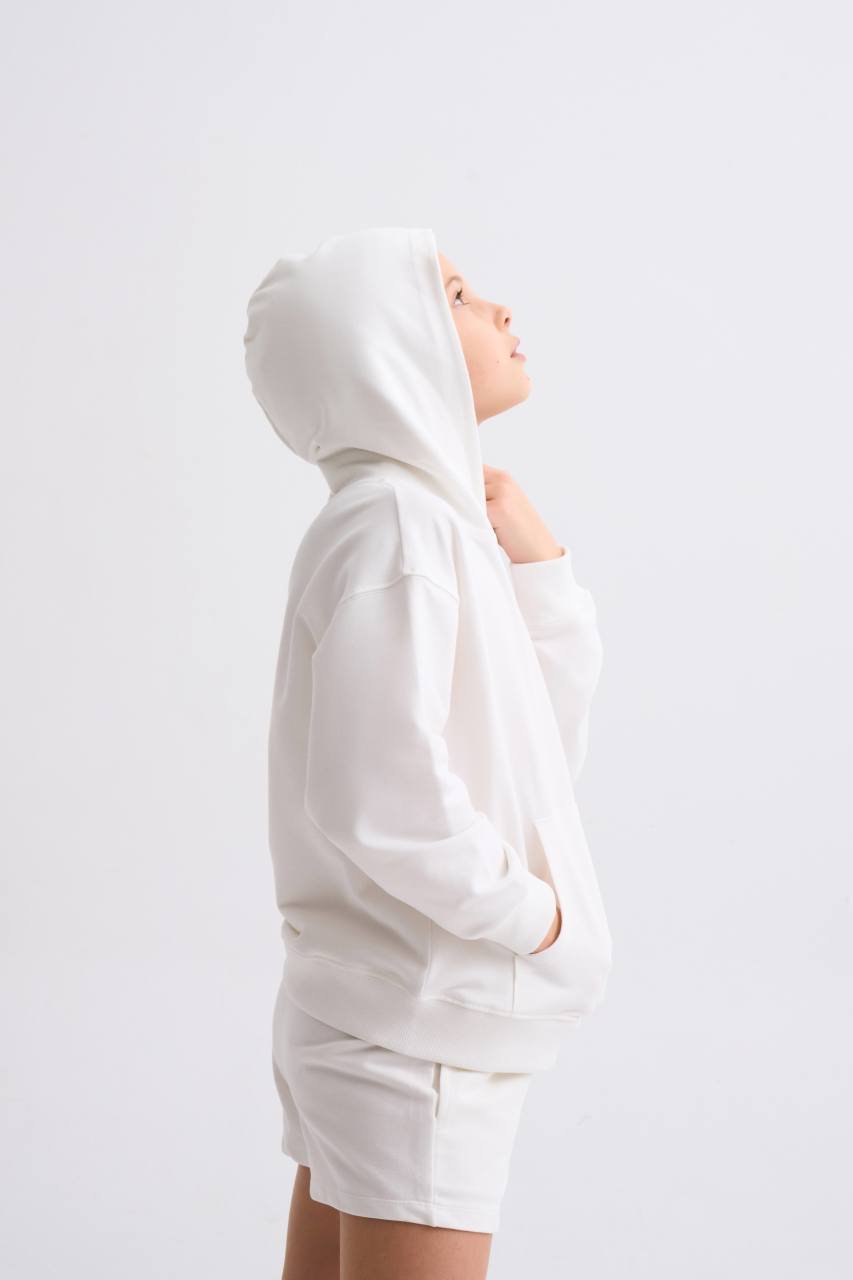 Organik Kapüşonlu Uzun Kollu Kız Çocuk Sweatshirt - Ekru Ekru - 10-12