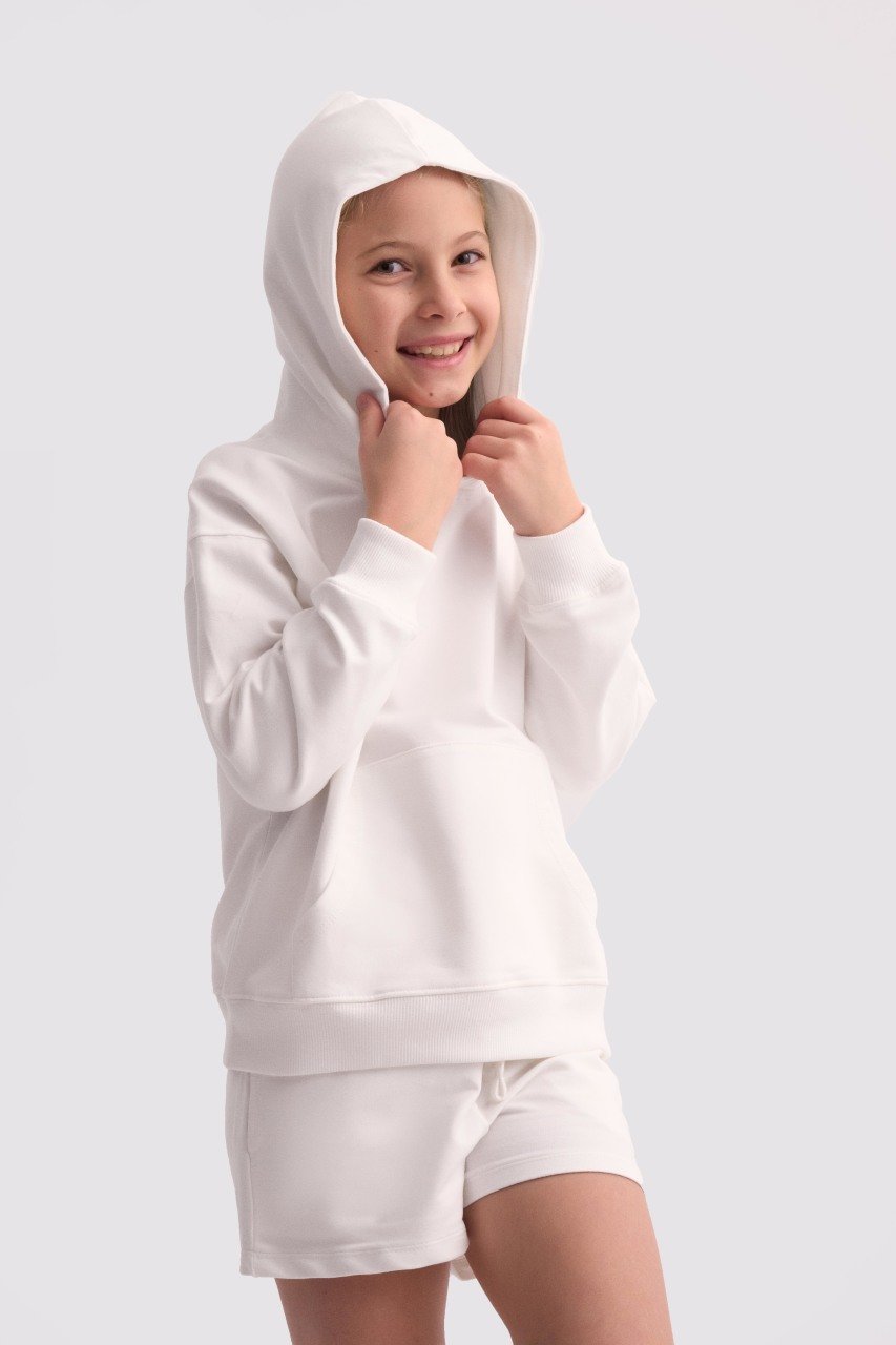 Organik Kapüşonlu Uzun Kollu Kız Çocuk Sweatshirt - Ekru Ekru - 8-10
