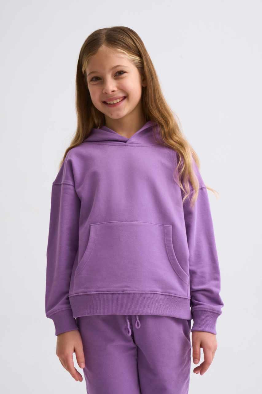Organik Kapüşonlu Uzun Kollu Kız Çocuk Sweatshirt - Mor Mor - 12-14
