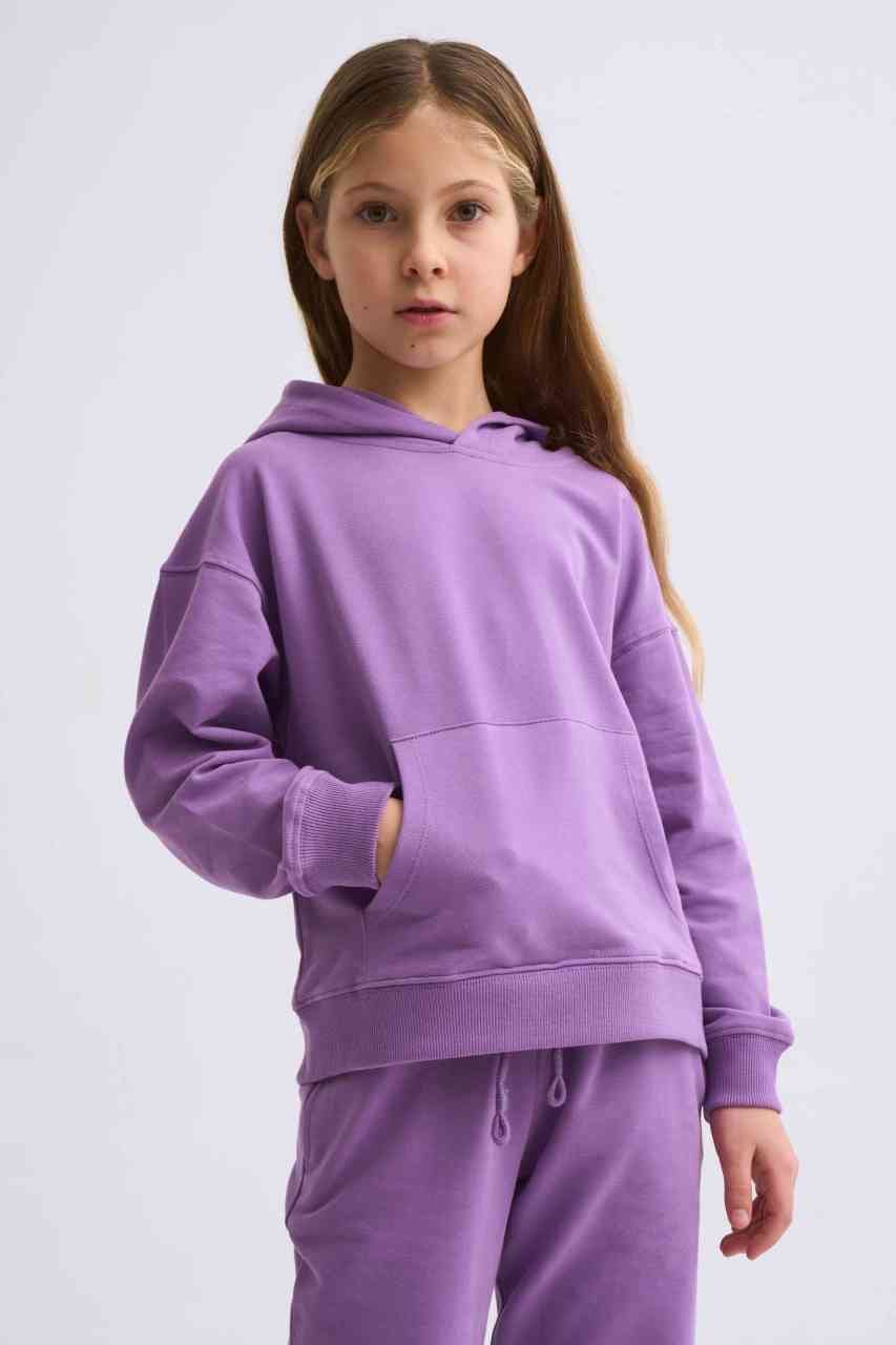 Organik Kapüşonlu Uzun Kollu Kız Çocuk Sweatshirt - Mor Mor - 8-10