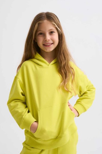Organik Kapüşonlu Uzun Kollu Kız Çocuk Sweatshirt - Sarı Sarı - 8-10