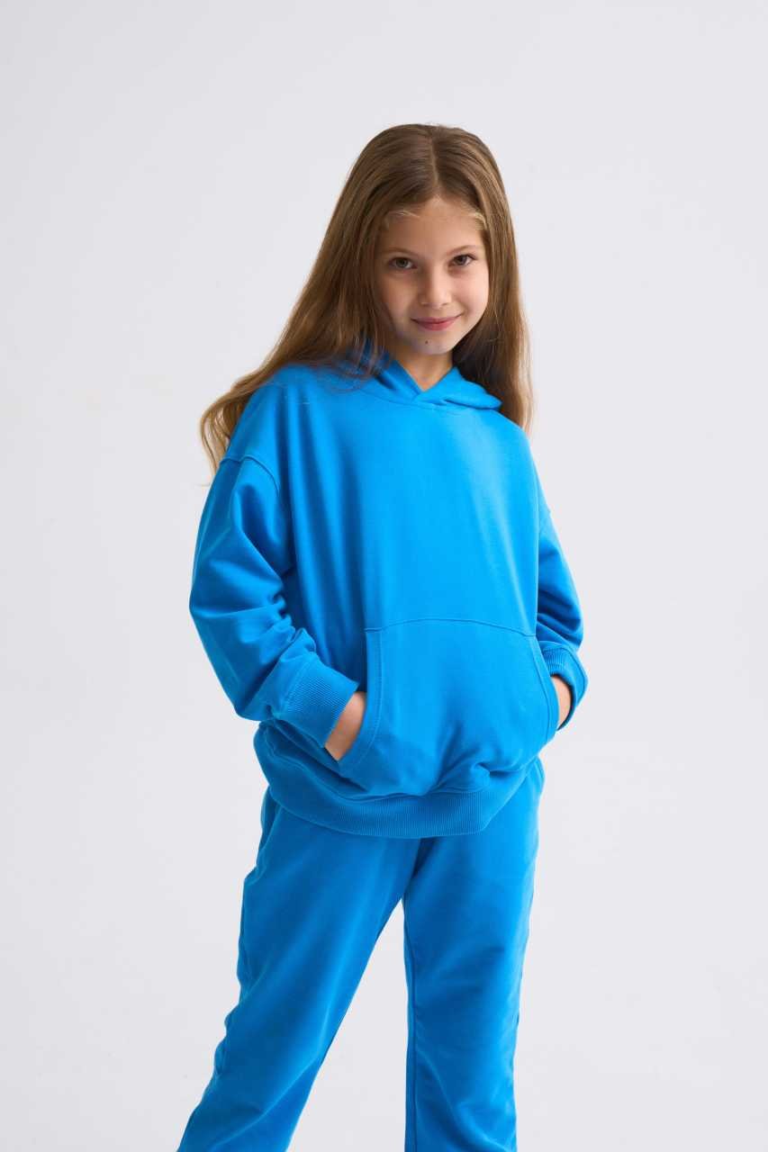 Organik Kapüşonlu Uzun Kollu Kız Çocuk Sweatshirt - Mavi Mavi - 8-10