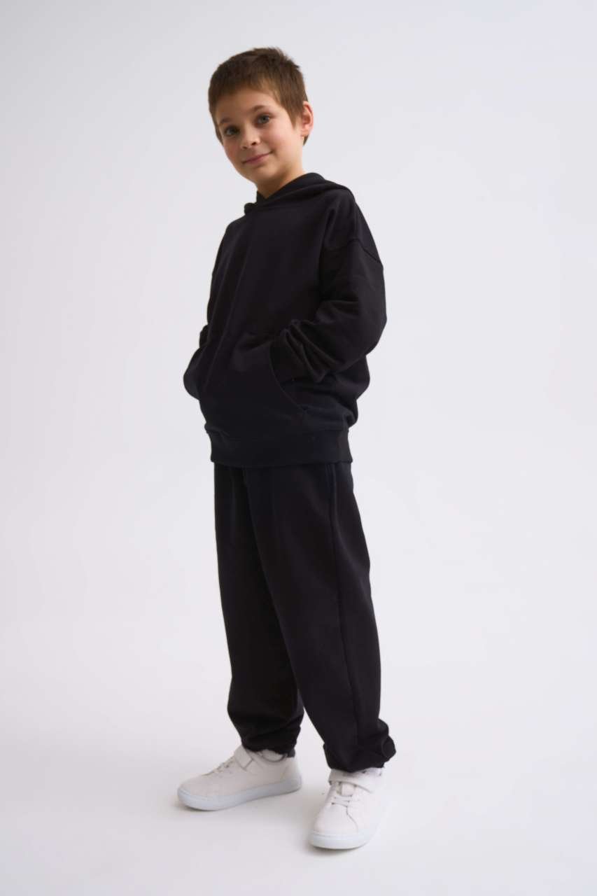 Organik Kapüşonlu Uzun Kollu Erkek Çocuk Sweatshirt - Siyah Siyah - 8-10