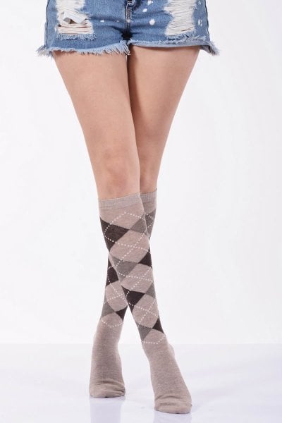 Kadın Ekoseli Dizaltı Çorabı  - Bej