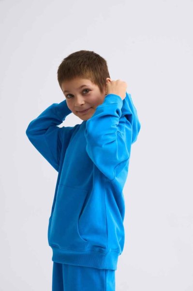 Organik Kapüşonlu Uzun Kollu Erkek Çocuk Sweatshirt - Mavi Mavi - 6-8