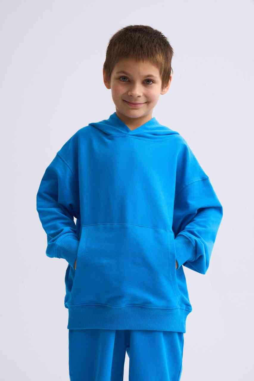 Organik Kapüşonlu Uzun Kollu Erkek Çocuk Sweatshirt - Mavi Mavi - 8-10