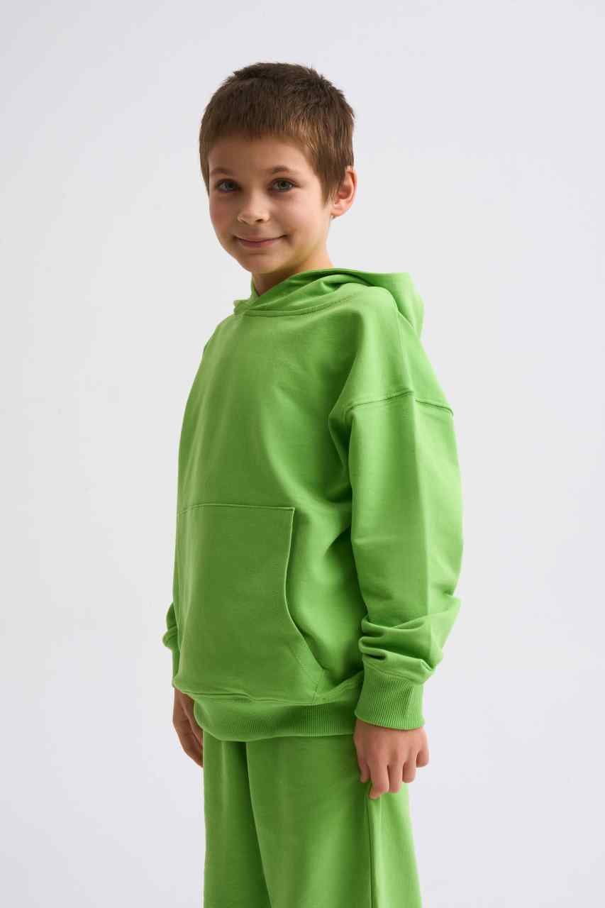 Organik Kapüşonlu Uzun Kollu Erkek Çocuk Sweatshirt - Yeşil Yeşil - 12-14