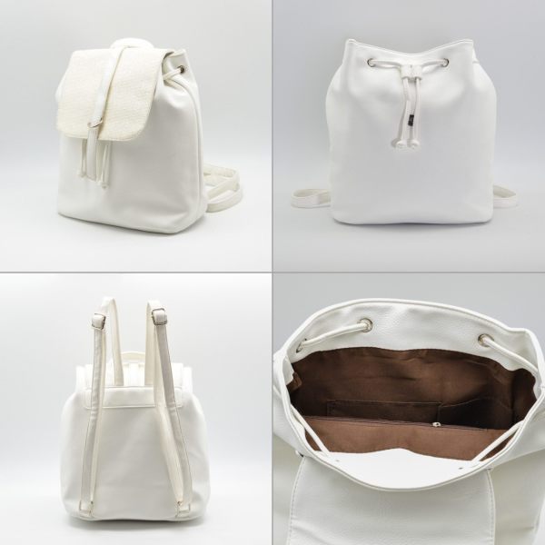 Kapağı Kemerli ve Elmas Dokulu Deri Sırt Çantası - BEYAZ