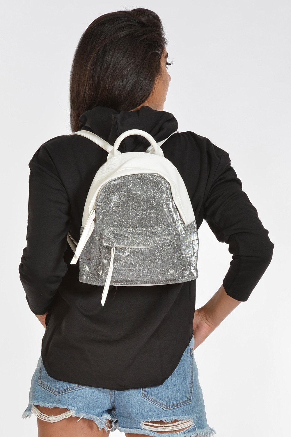 Önde Cepli, Deri ve Sim Kumaş Kadın Sırt Çantası - BEYAZ