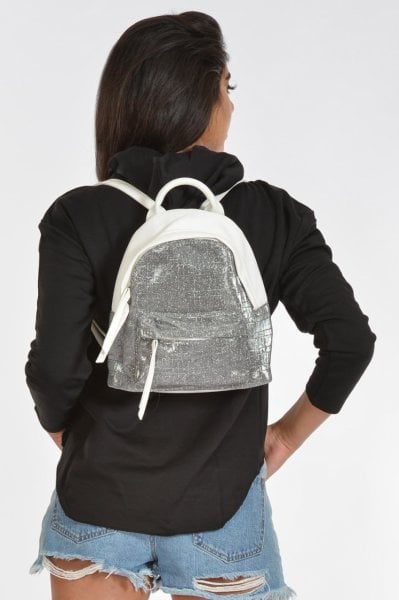 Önde Cepli, Deri ve Sim Kumaş Kadın Sırt Çantası - BEYAZ