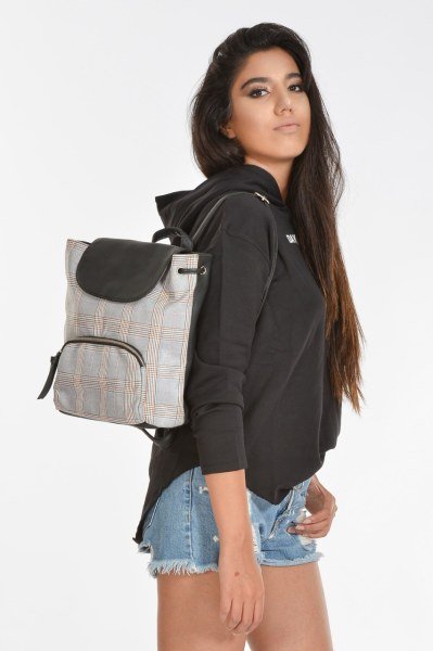 Önde Fermuarlı Cepli Ekoseli Deri Kadın Sırt Çantası - BEJ