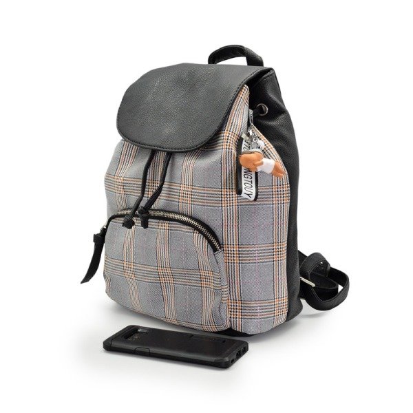 Önde Fermuarlı Cepli Ekoseli Deri Kadın Sırt Çantası - BEJ