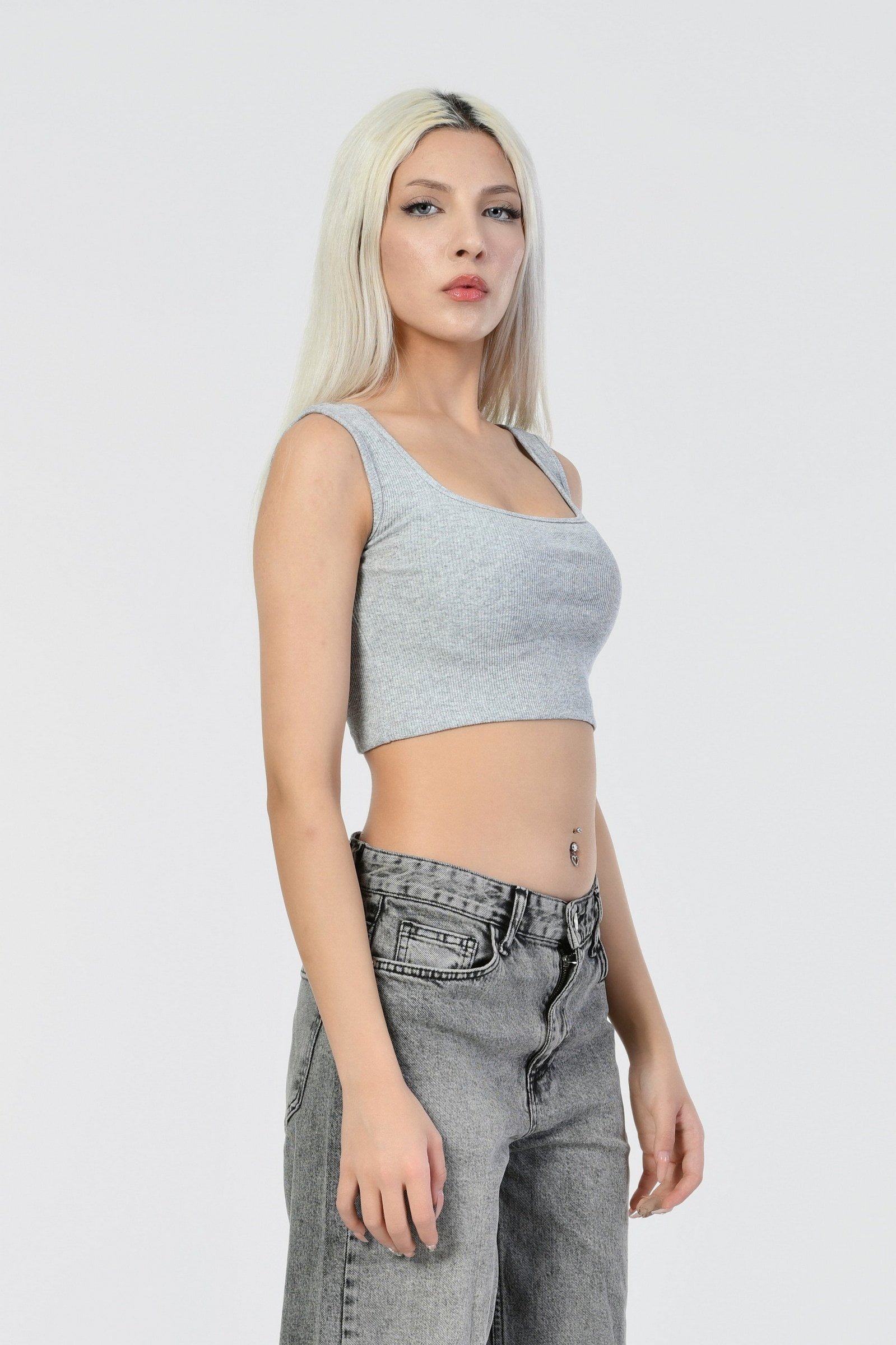 Kaktüs Kaşkorse Kumaş Askılı Crop  - Gri