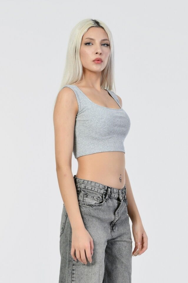 Kaktüs Kaşkorse Kumaş Askılı Crop  - Gri