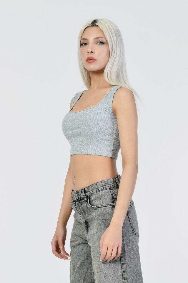 Kaktüs Kaşkorse Kumaş Askılı Crop  - Gri