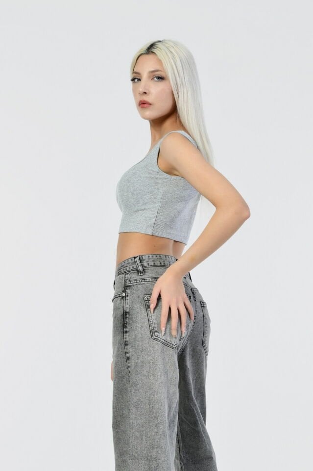 Kaktüs Kaşkorse Kumaş Askılı Crop  - Gri