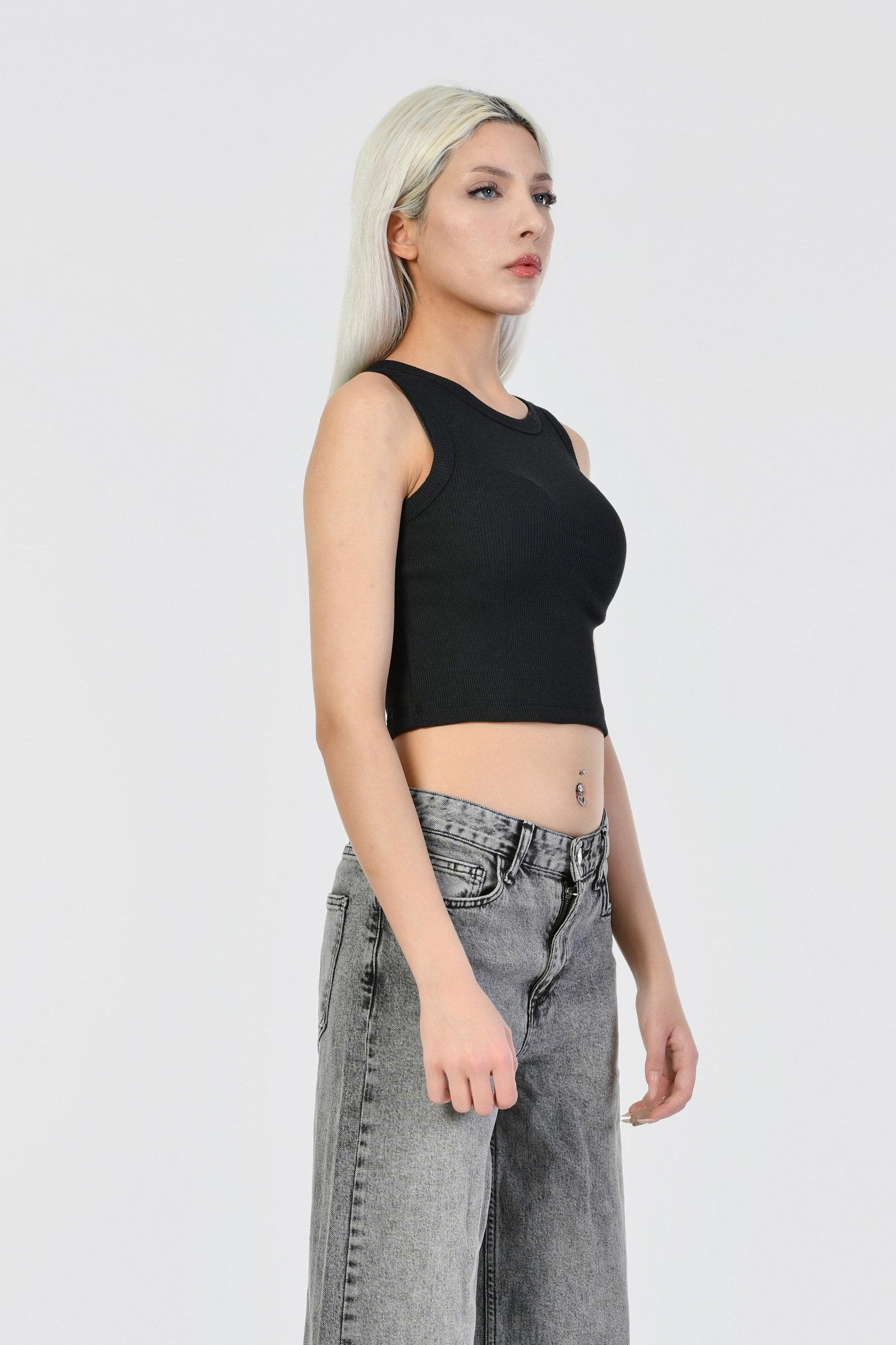 Kaktüs Kaşkorse Kumaş Bisiklet Yaka Kadın Crop Atlet  - Siyah
