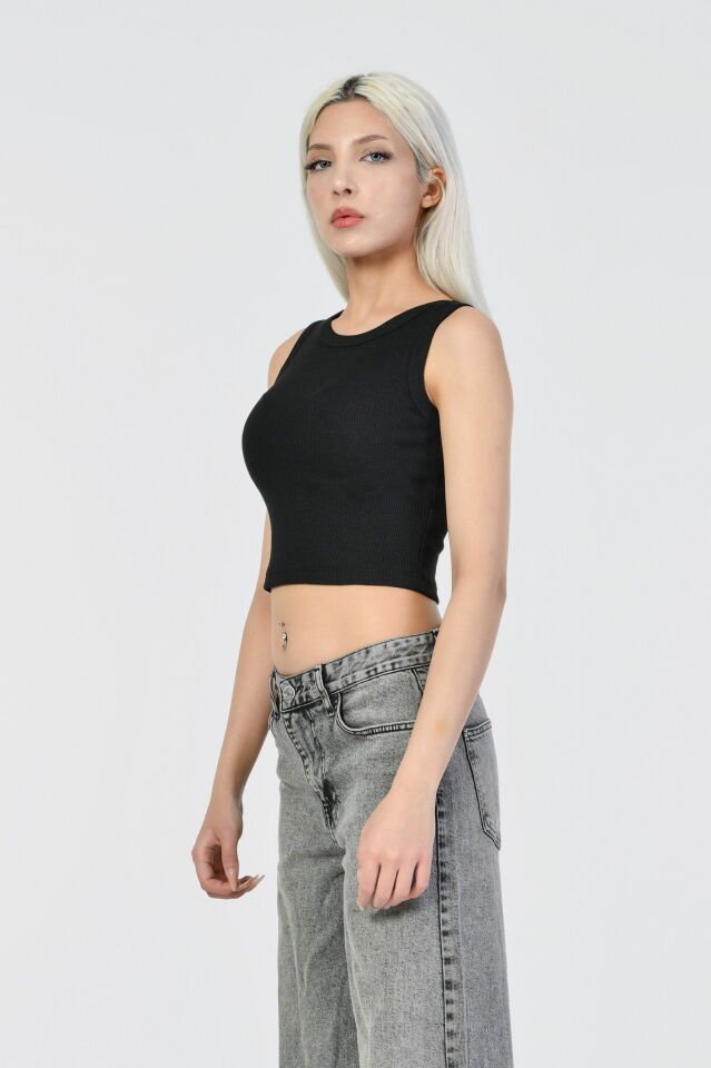 Kaktüs Kaşkorse Kumaş Bisiklet Yaka Kadın Crop Atlet  - Siyah