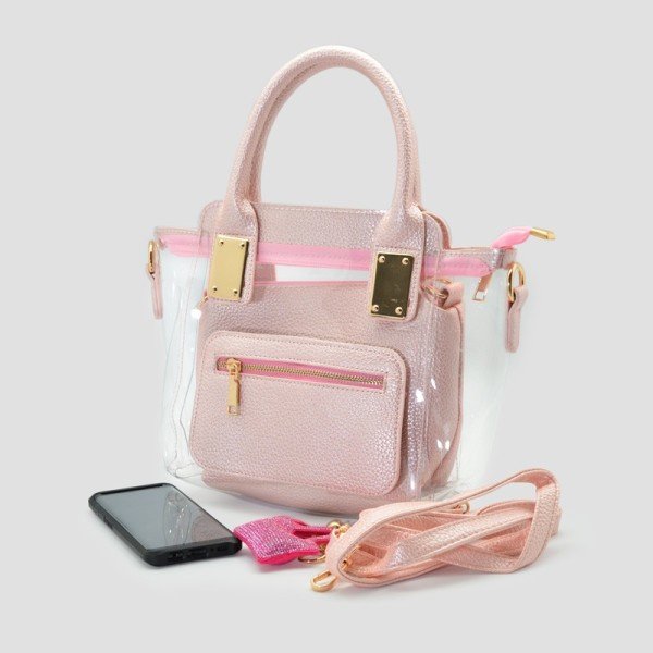 Çok Şık İkili,  Transparan Deri Kadın Çantası - PEMBE