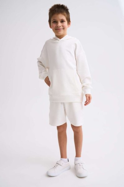 Organik Kapüşonlu Uzun Kollu Erkek Çocuk Sweatshirt - Ekru Ekru - 10-12