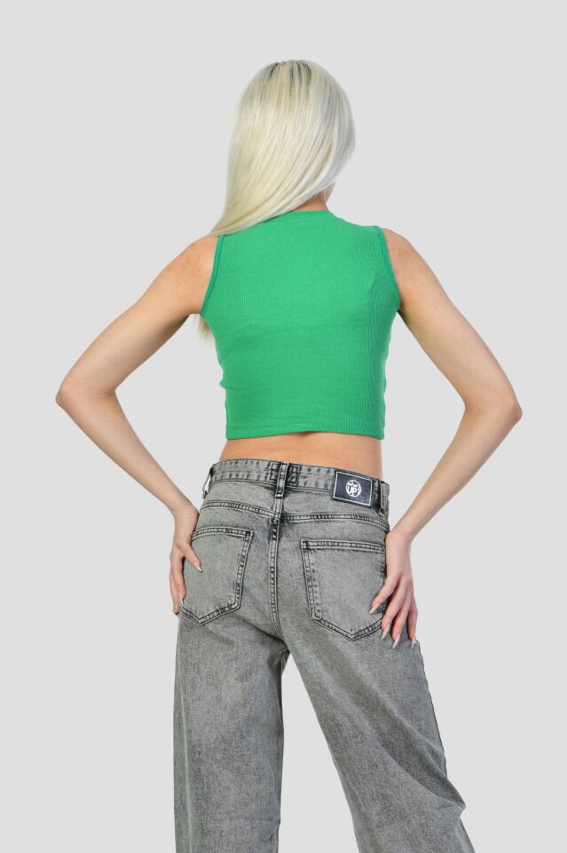 Kaktüs Kaşkorse Kumaş Geniş Bisiklet Yaka Kolsuz Kadın Crop Bluz  - Yeşil Yeşil - Standart