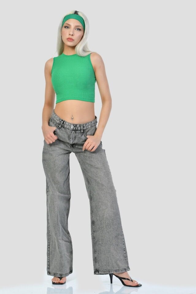 Kaktüs Kaşkorse Kumaş Geniş Bisiklet Yaka Kolsuz Kadın Crop Bluz  - Yeşil