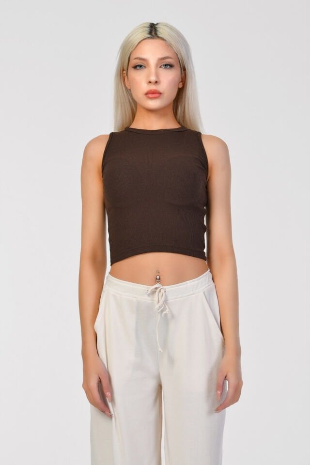 Kaktüs Kaşkorse Kumaş Geniş Bisiklet Yaka Kolsuz Kadın Crop Bluz  - Kahverengi