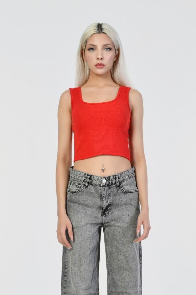 Kaktüs Kaşkorse Kumaş Halter Yaka Kolsuz Kadın Crop Bluz  - Kırmızı