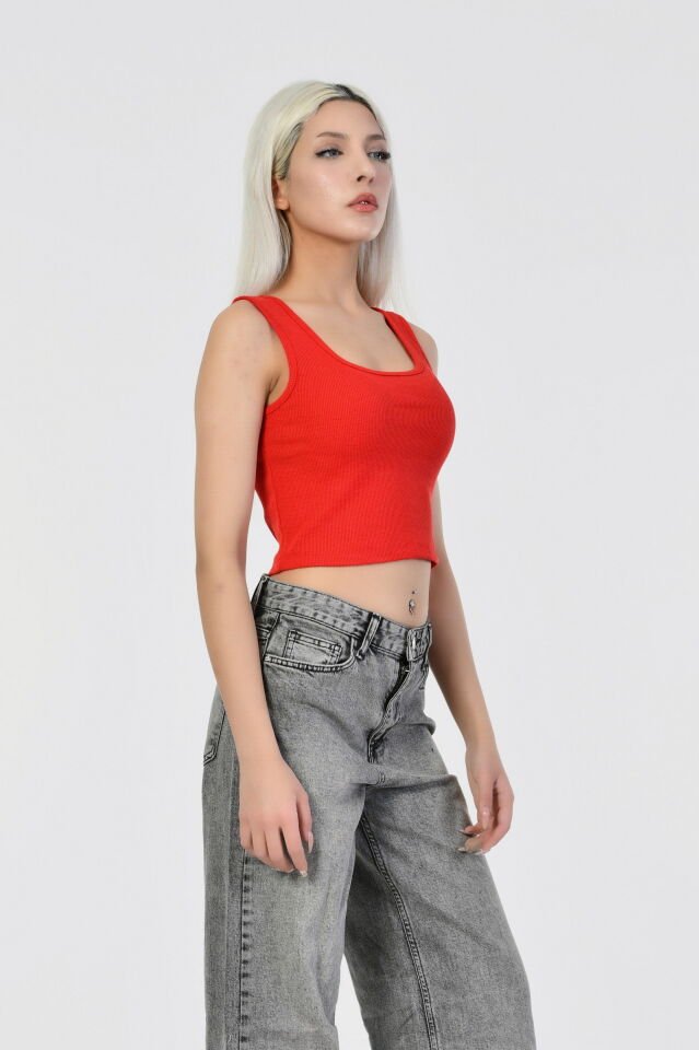 Kaktüs Kaşkorse Kumaş Halter Yaka Kolsuz Kadın Crop Bluz  - Kırmızı