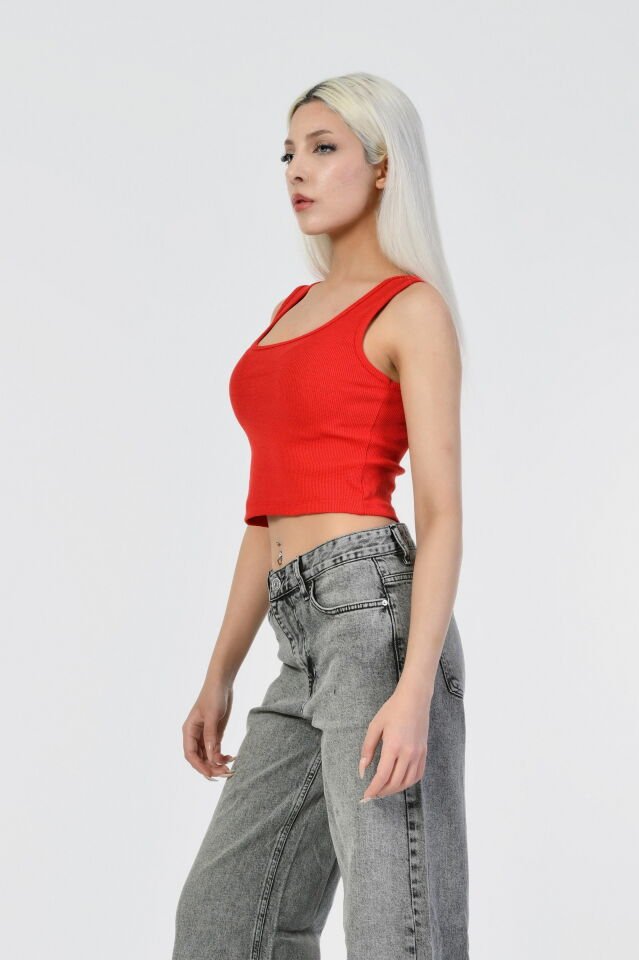 Kaktüs Kaşkorse Kumaş Halter Yaka Kolsuz Kadın Crop Bluz  - Kırmızı