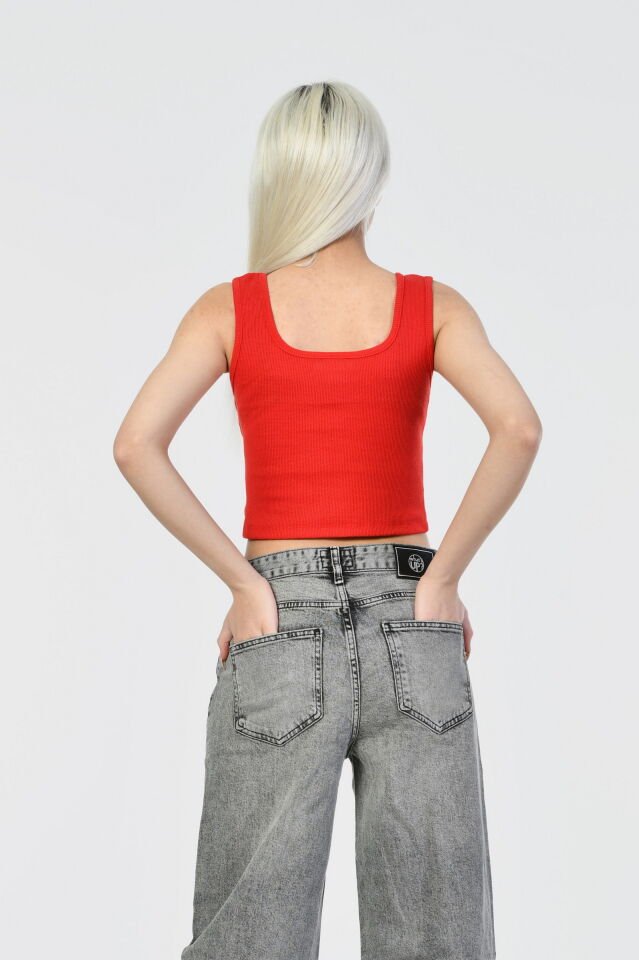 Kaktüs Kaşkorse Kumaş Halter Yaka Kolsuz Kadın Crop Bluz  - Kırmızı Kırmızı - Standart